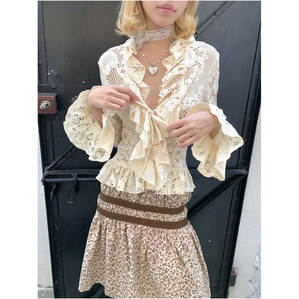 Retro Lace Hollow out Ruffled Long sleeved Cardigan Top image 4