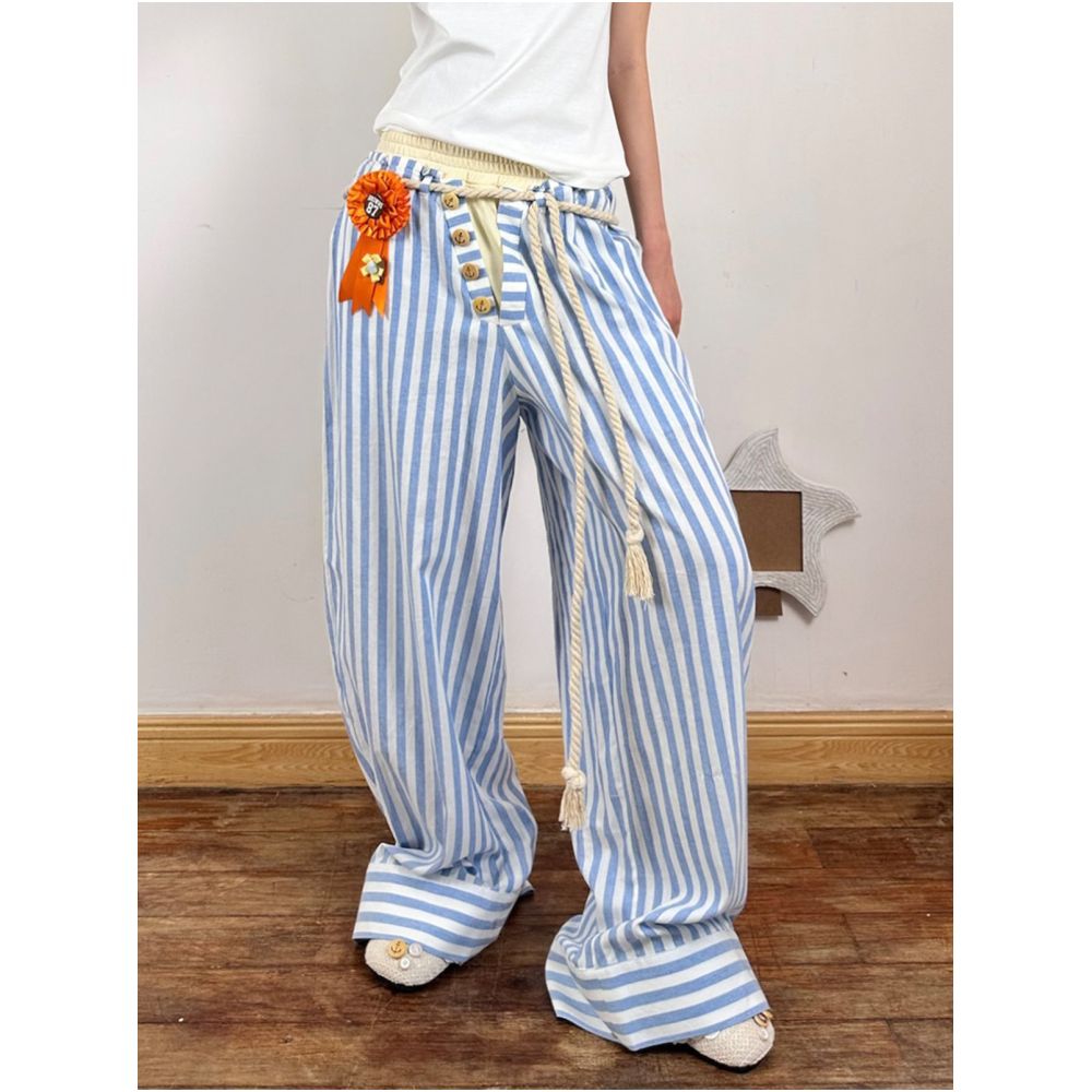 These striped draped lightweight breathable double waistband loose fitting striped trousers are perfect for summer They re also the same style worn by Janina Wanida image 0