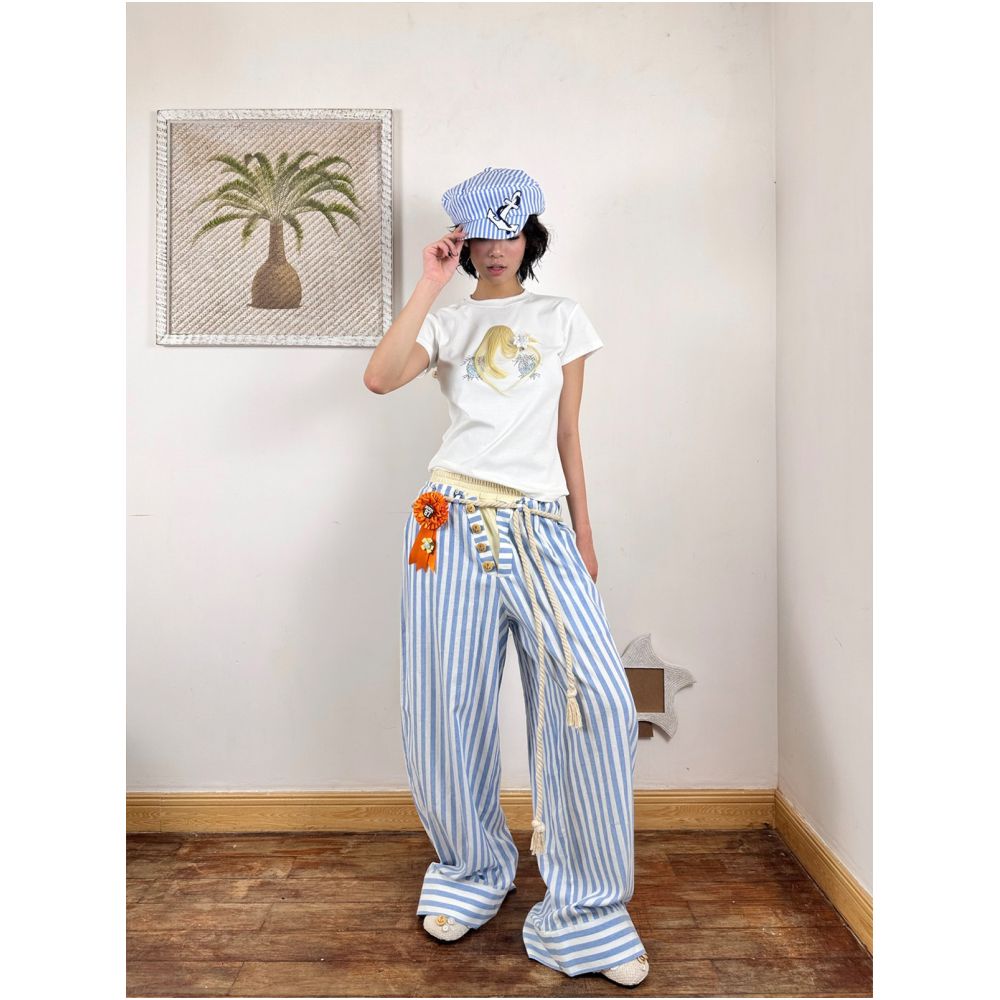 These striped draped lightweight breathable double waistband loose fitting striped trousers are perfect for summer They re also the same style worn by Janina Wanida image 1