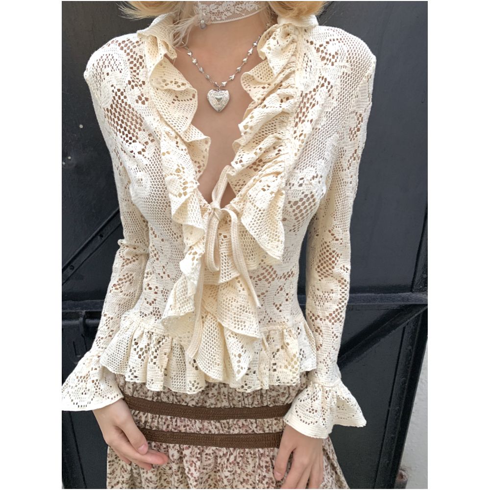 Retro Lace Hollow out Ruffled Long sleeved Cardigan Top image 0