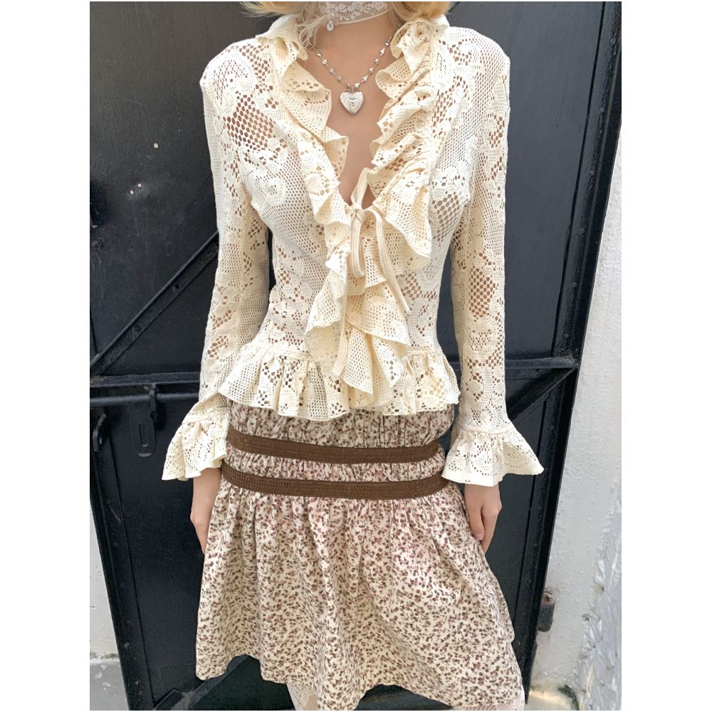 Retro Lace Hollow out Ruffled Long sleeved Cardigan Top image 1