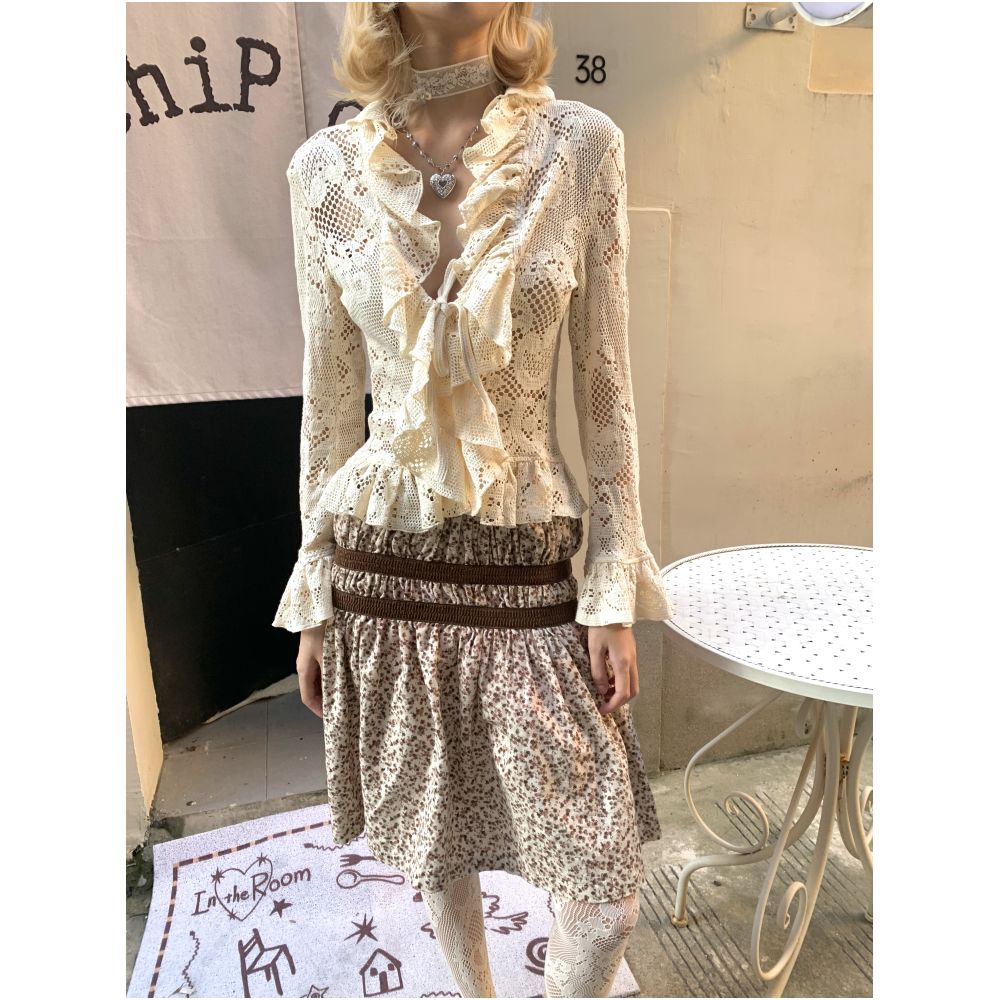 Retro Lace Hollow out Ruffled Long sleeved Cardigan Top image 2