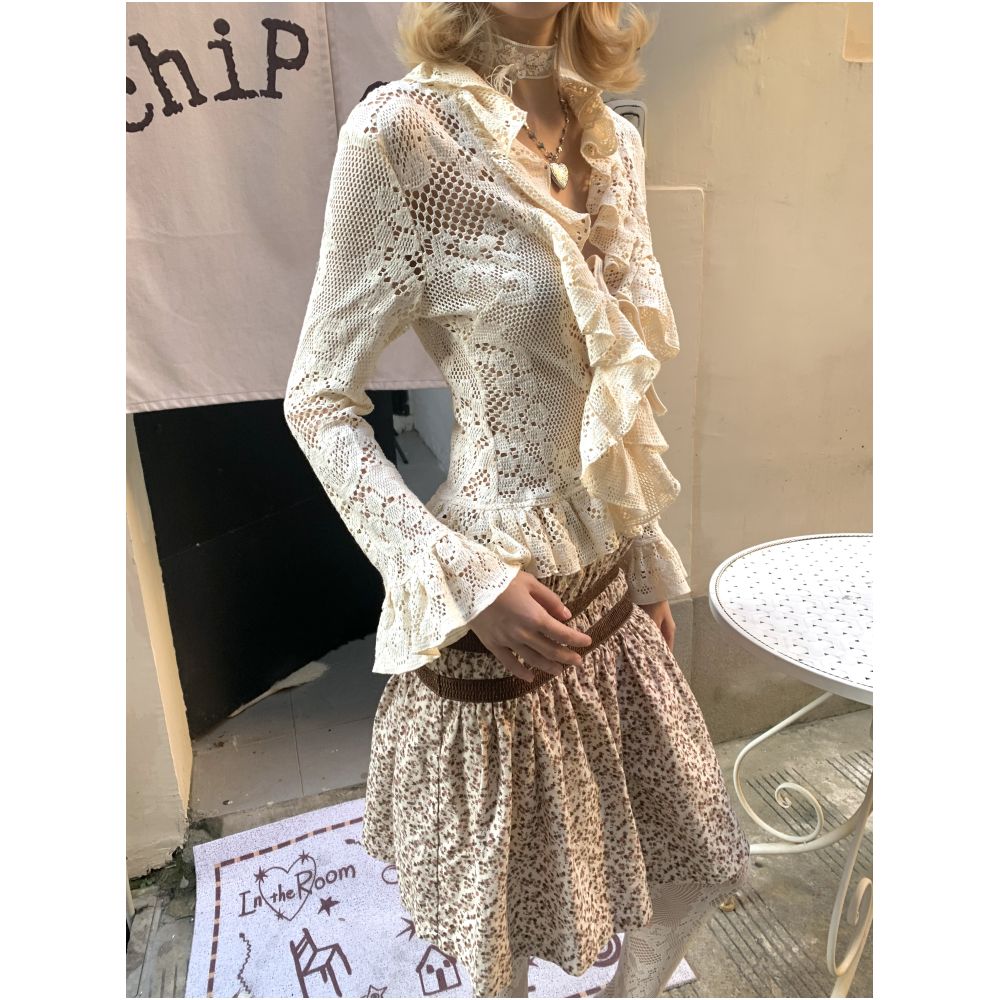 Retro Lace Hollow out Ruffled Long sleeved Cardigan Top image 3