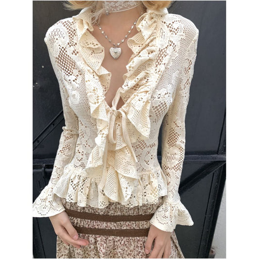 Retro Lace Hollow out Ruffled Long sleeved Cardigan Top